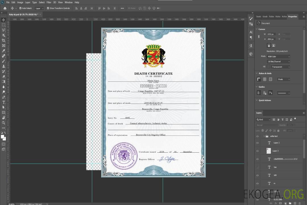 Modèle PSD de certificat de décès de l'état civil du Congo template